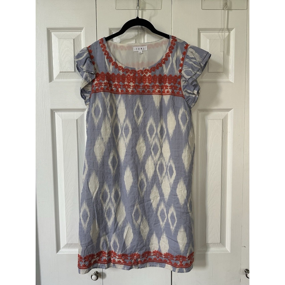 THML Colorful Ruffle Neck Embroidered Mini Dress Size L